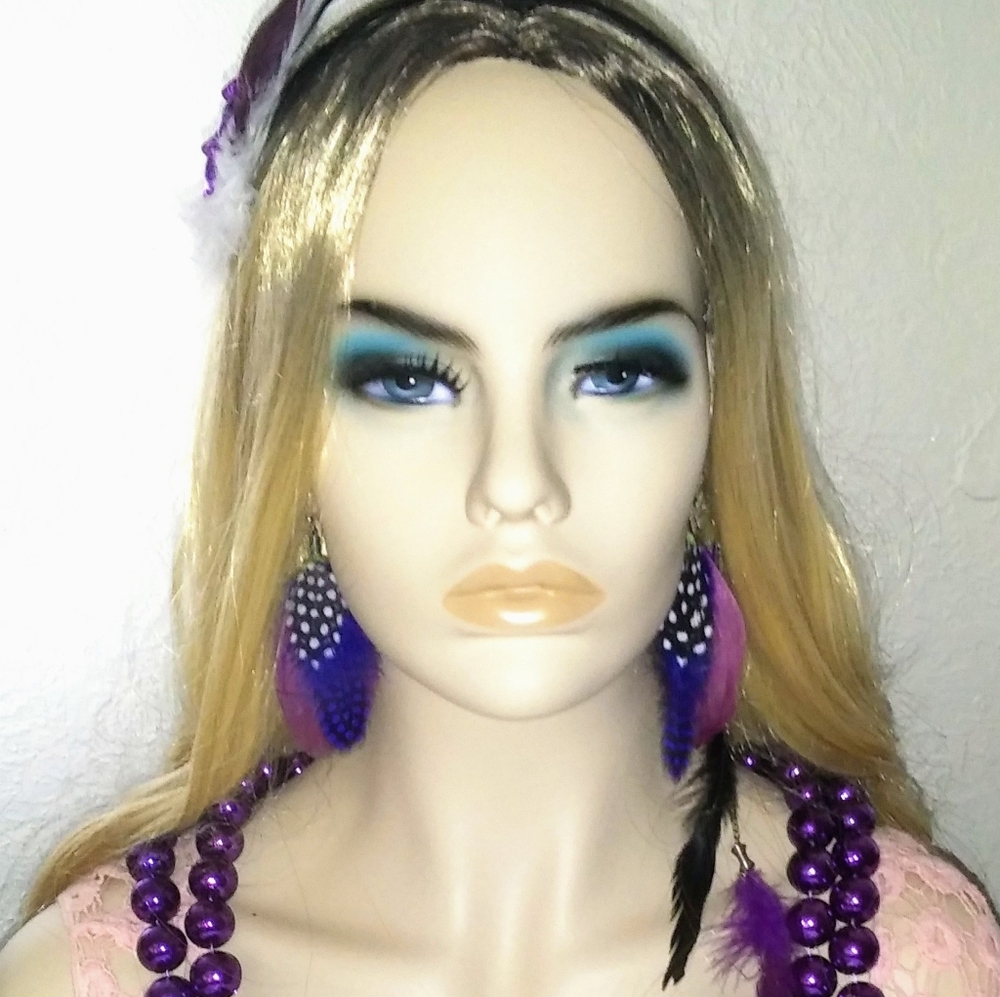 Mardi Gras Hair Facinator Headband Hair Feather Earrings, Mardi Gras 4' Beads